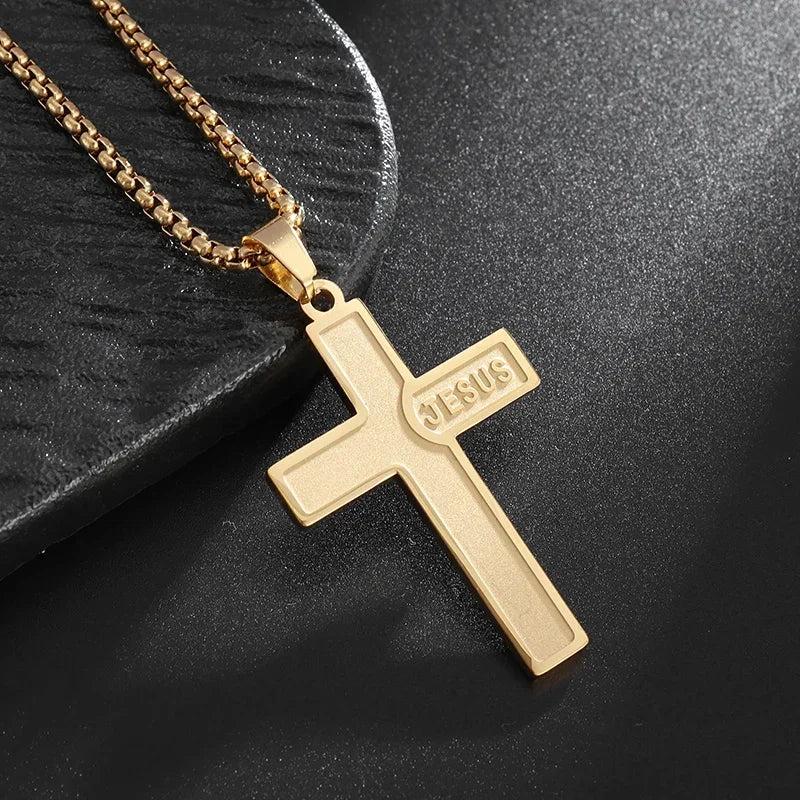 Stainless Steel Cross Letter Pendant Christian Savior Jesus Necklace Men and Women Religious Prayer Amulet Jewelry