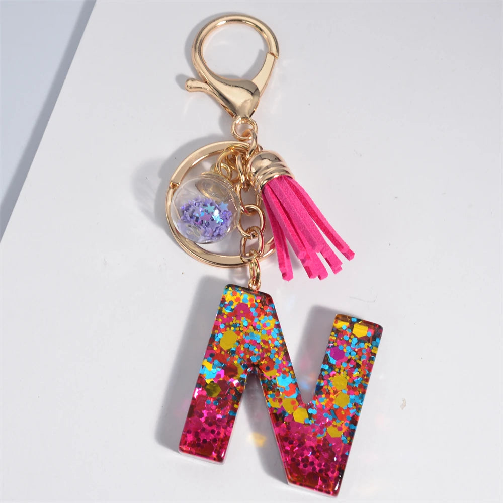 Colorful Letter Keychain Pendant Glitter Sequin Resin Key Chain Tassel Charms With Ball Keyring Jewelry For Women Bag Ornaments N