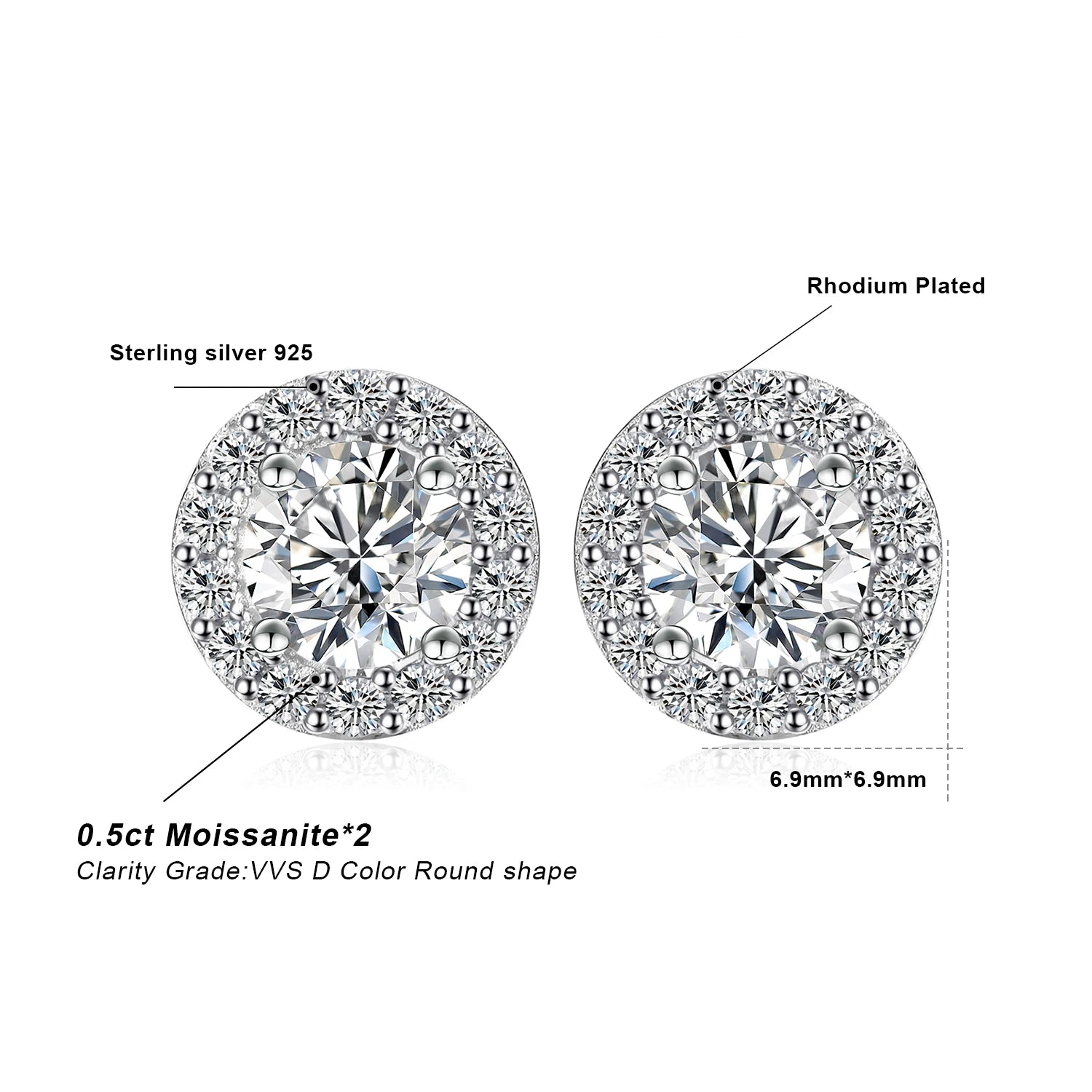 JewelryPalace Moissanite D Color Total 1ct Round 925 Sterling Silver Halo Stud Earrings for Woman Yellow Gold Rose Gold Plated