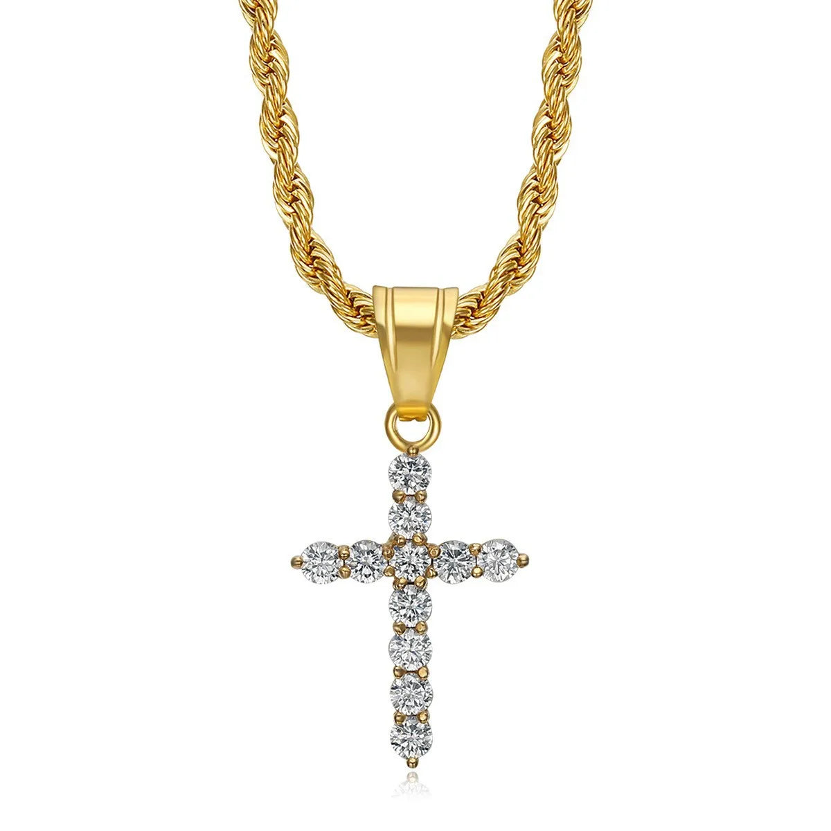 Fashion Jewelry Stainless Steel Cross Aglare Crystal Hip Hop Gold Charm Pendant Necklace Twist Chain