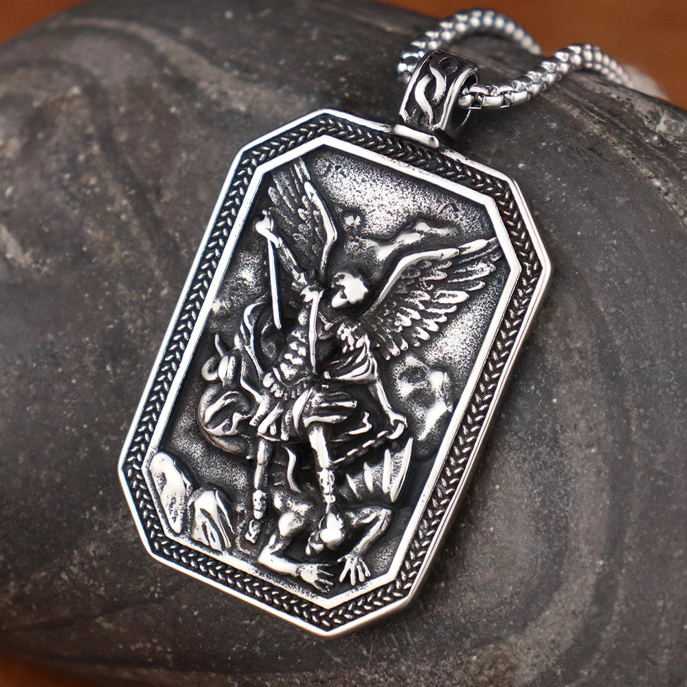 Vintage Angel St.Michael Men Pendant Stainless Steel Unique Angel Wings Shield Necklace Amulet Fashion Male Jewelry Dropshipping