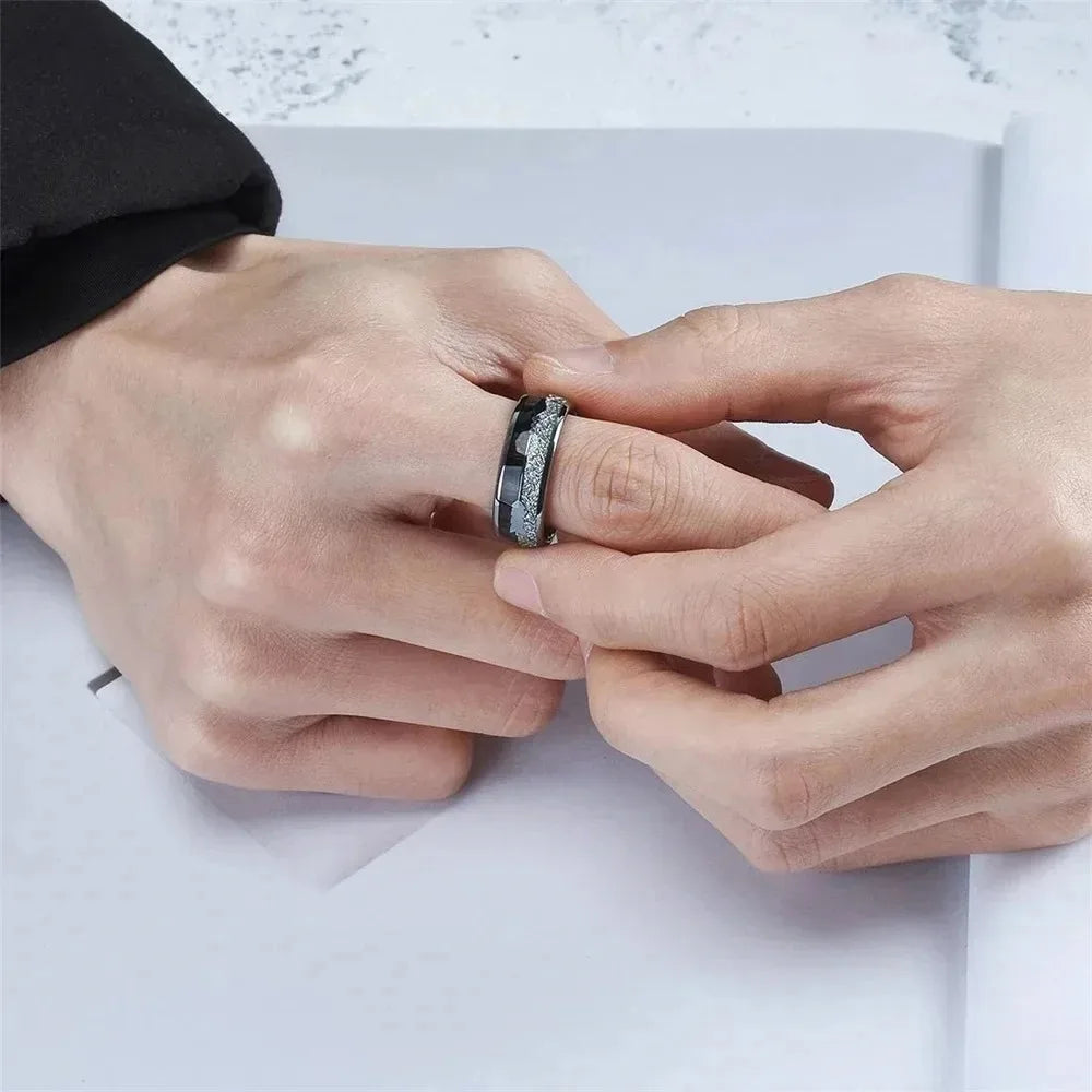 Fashion 8mm Men Silver Color Stainless Steel Arrow Rings for Men Inlaid Koa Wood Meteorite Wedding Band Jewelry Drop Shipping