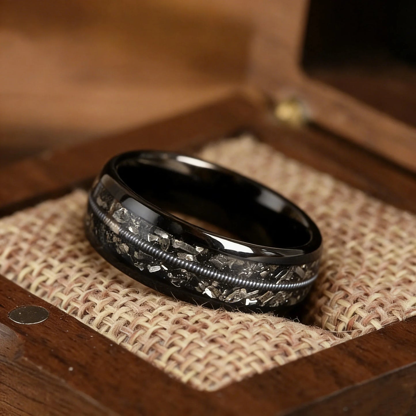 Fashion 8mm Black Stainless Steel Guitar String Rings for Men With Meteorite Inlay Guitarist Ring Men Wedding Band Jewelry