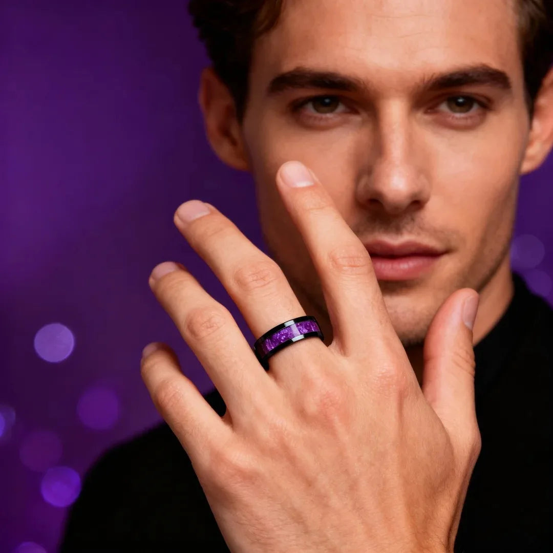 Fashion 8mm Stainless Steel Rings for Men Women, High Polished Purple Abalone Shell Inlay Ring, Men Wedding Party Jewelry