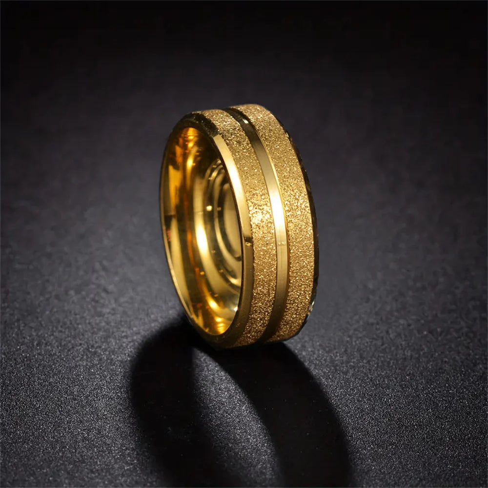 Trendy 8mm Men Frosted Stainless Steel Rings, Gold Color Brushed Groove Beveled Edge Engagement Rings For Men, Wedding Jewelry