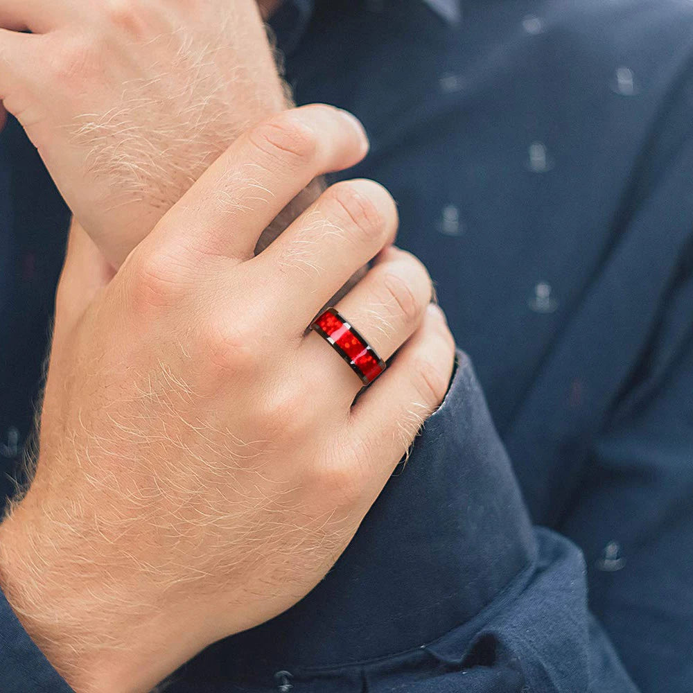 Fashion 4/6/8mm Black Titanium Stainless Steel Wedding Rings Inlay Imitation Red Opal Rings For Men Women Wedding Band Jewelry
