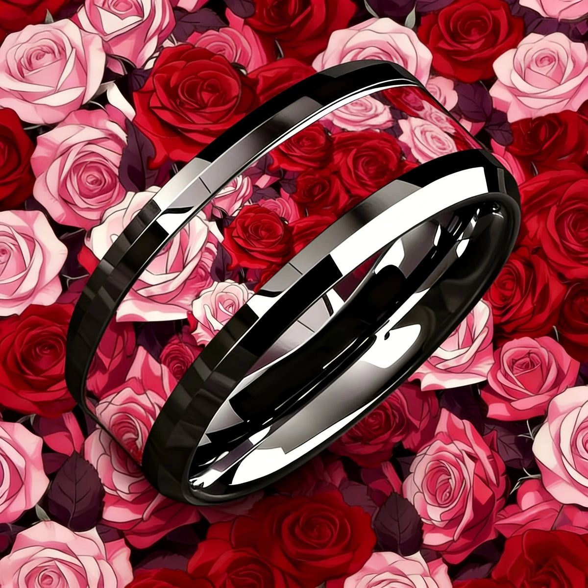 Romantic Men's Stainless Steel Rings With Red Pink Rose Flower Parrern Inlay Ring For Wedding Jewelry Valentine's Day Gifts