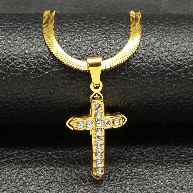 Vintage Shiny Zircon Jesus Cross Religious Amulet Necklace Women Stainless Steel Clavicle Snake Chain Choker Necklaces Jewelry