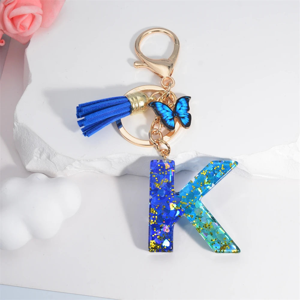 Sea Blue A To Z 26 Letter Keychain Women Wallet Charms 26 Initials Alphabet Butterfly Tassel Pendant With Key Rings Jewelry Gift K 55mm