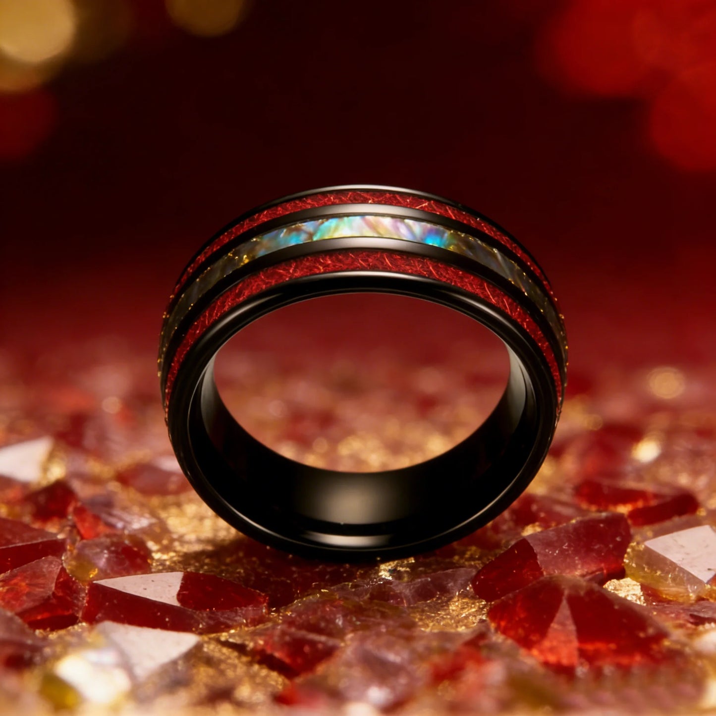 Fashion Colorful Abalone Shell and Red Meteorite Inlay Rings, 8mm Black Stainless Steel Rings for Men, Men Wedding Party Jewelry