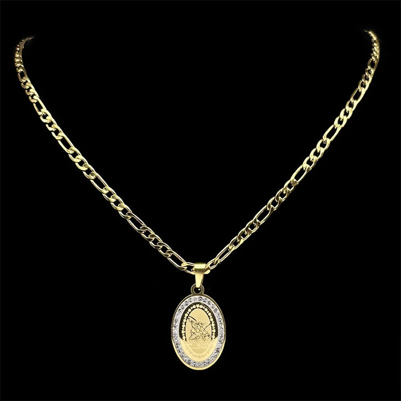 Seal of Archangel Michael Medal Necklace for Women/Men Rhinestone Stainless Steel Gold Silver Color Talisman Chain Jewelry