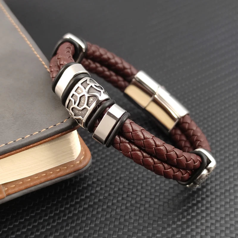 Brown Luxury 316L Stainless Steel Irregularly Cracked Man Bracelet Genuine Braided Leather Men's Jewelry Items