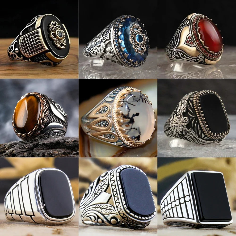New Retro Handmade Turkish Rings for Men Vintage Double Swords Black Zircon Rings Punk 2024 Trendy Islamic Religious Muslim
