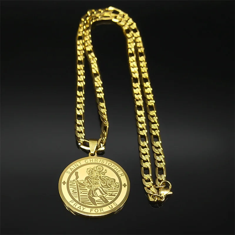 Jesus Saint Christopher Protect Us Pendant Necklace For Women Men Stainless Steel Gold Color Round Party Christian Jewelry