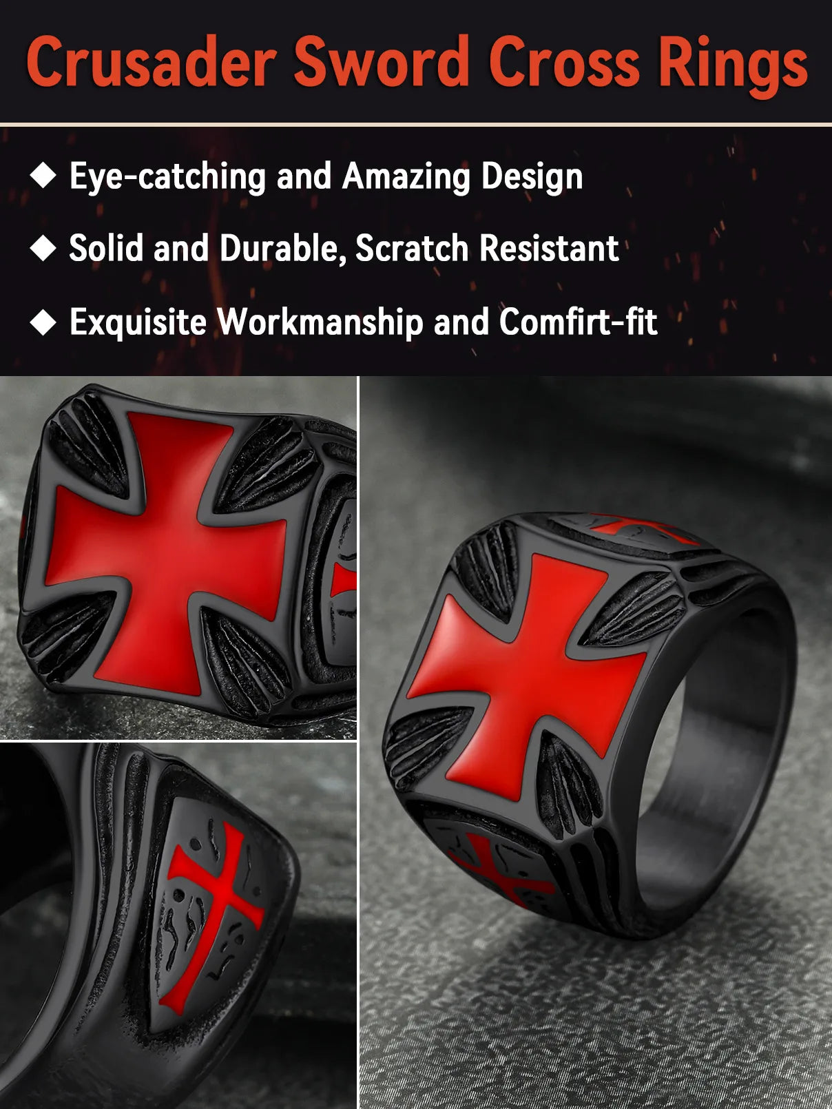 U7 Stainless Steel Square Knight Templar Rings Black Red Glaze Cross The Temple of Solomo Signet Ring Vintage Style Jewelry Gift