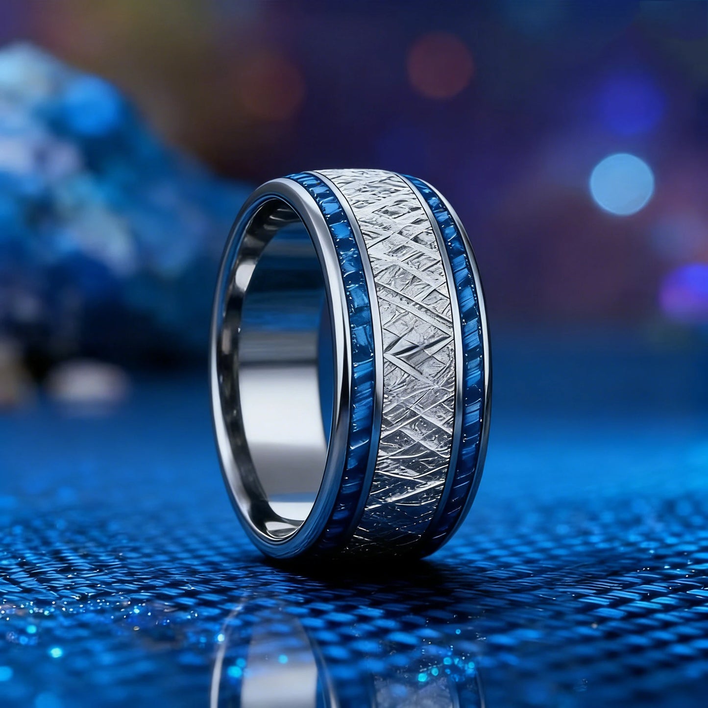 Fashion 8mm Silver Color Stainless Steel Rings for Men, Meteorite Carbon Fiber Inlay Dome Engagement Ring, Men Wedding Jewelry