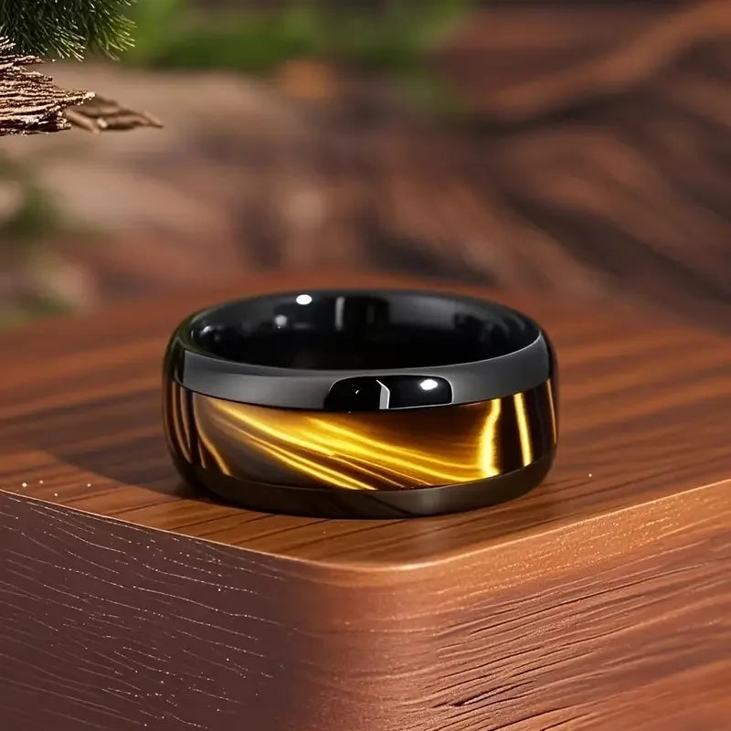 Fashion 8mm Men Stainless Steel Rings Black Color Brushed Brown Abalone Shell Inlay Rings for Men Wedding Band Jewelry Gift