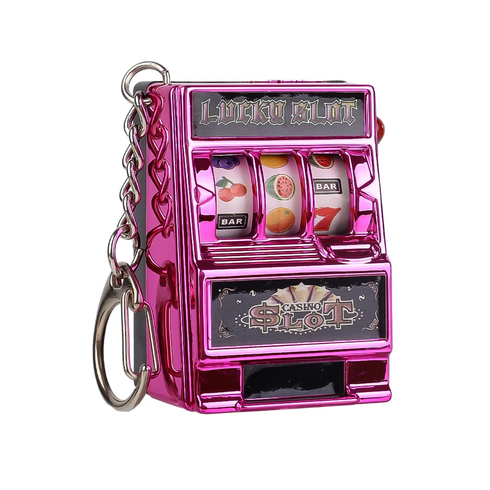 Mini Gambling Slot Machine Key Chains Creative Arcade Pocket Fruit Lucky Jackpot Gadget Antistress Toy Funny Games Keychain Ring pink