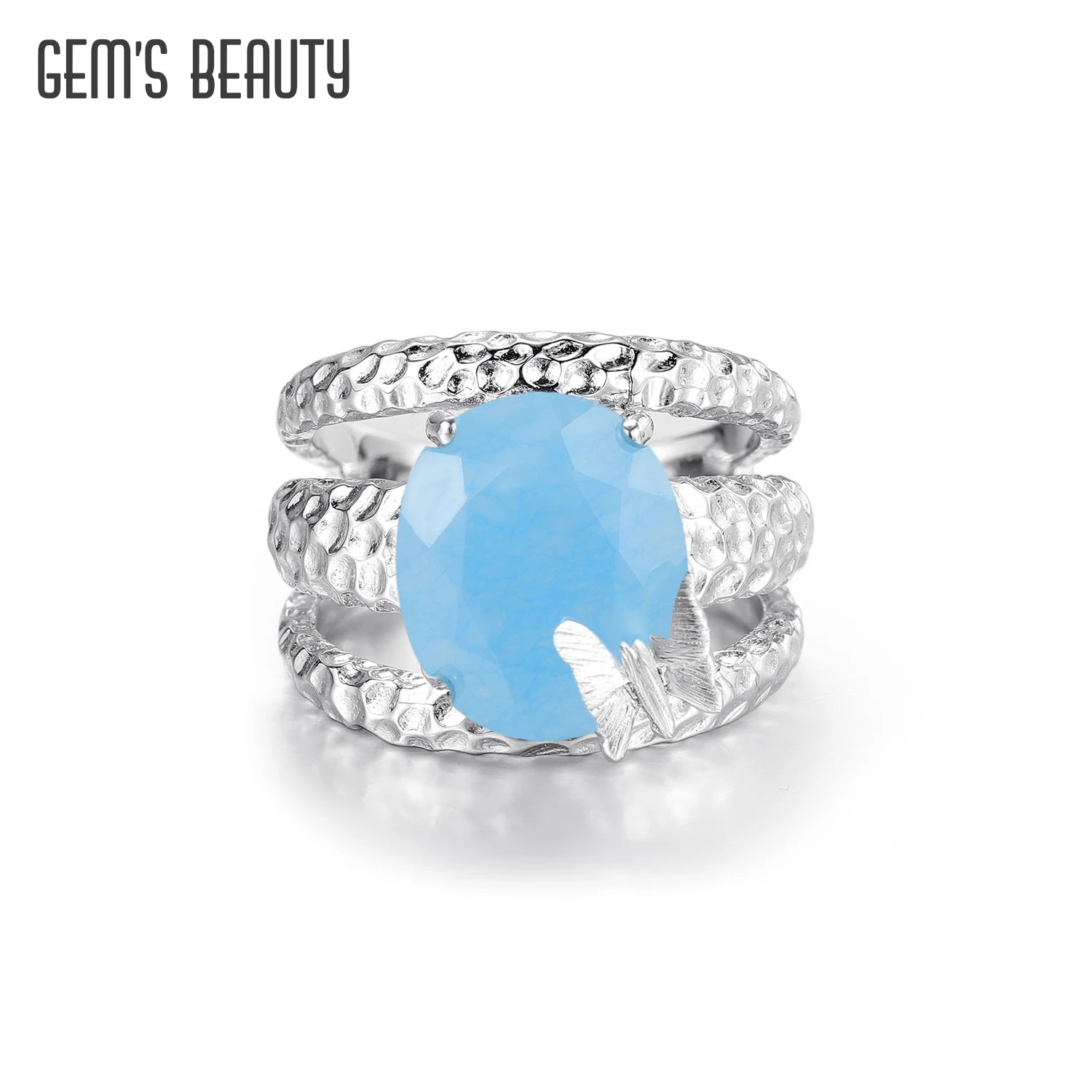 GEM'S BALLET Natural Aqua-blue Calcedony Gemstone Statement Ring Boho Sterling Silver Butterfly Ring Fine Jewelry Gift For Mom