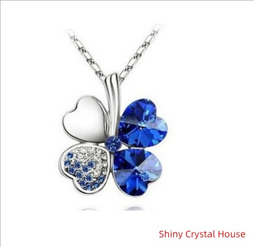 Four-Leaf Clover New Crystal Women's Necklace White Zircon Four-Leaf Clover Blue