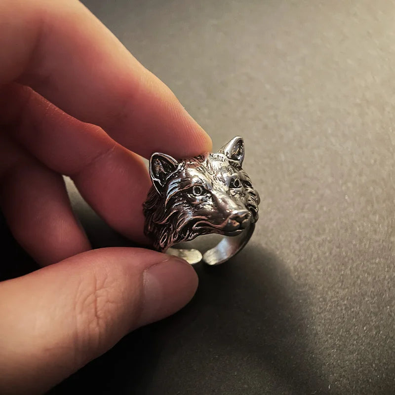 Retro Wolf Fox Ring For Men Silver Color Punk Gothic Open Ring Zinc Alloy Handmade Unisex Designer Jewelry Biker Accessories MR248 resizable