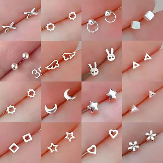 Tiny Minimalist Silver Plated Korean Mini Small Heart Stars Stud Earrings for Women Student Teen Simple Ear Piercing Jewelry