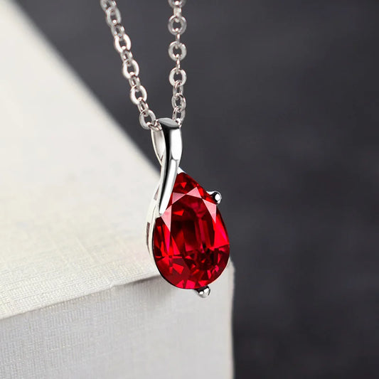 S925 Sterling Silver Necklace Angel Tears Crystal Red Pendant Necklace for Woman Charm Jewelry Gift Red