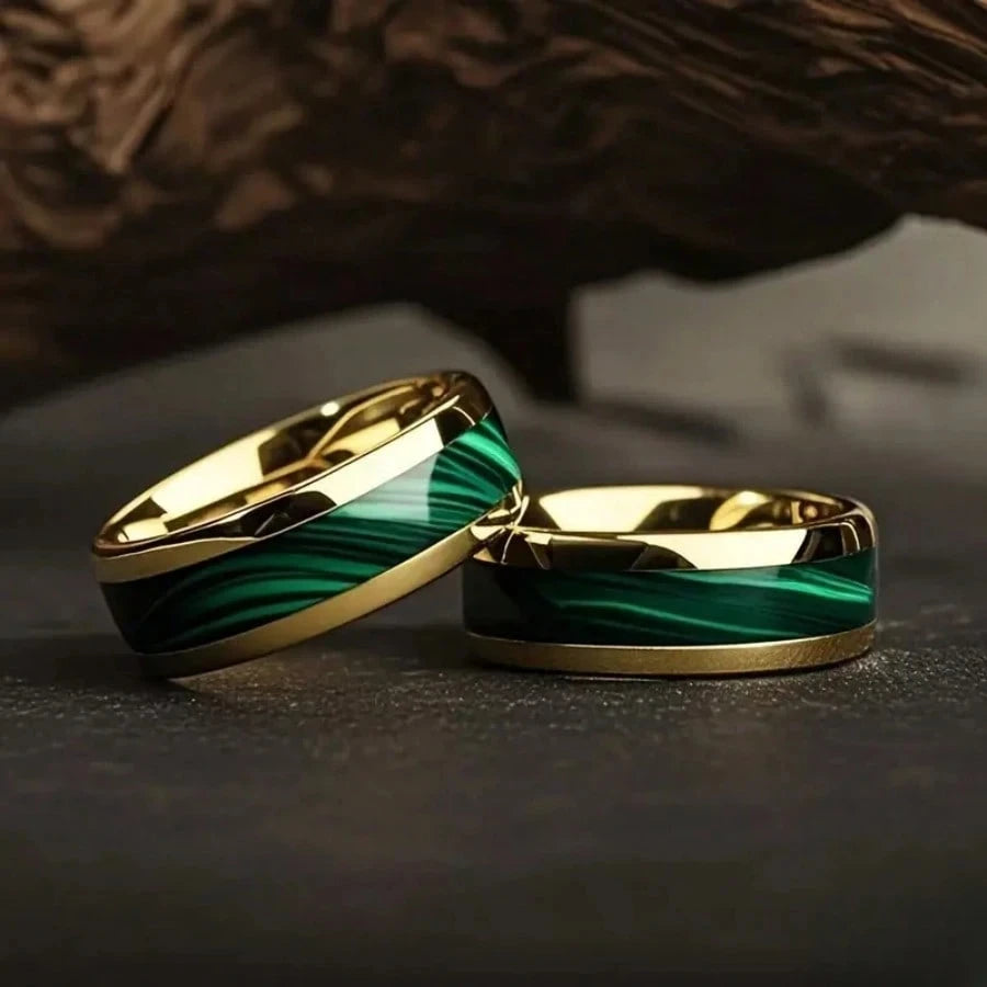 Fashion 8MM Gold Color Stainless Steel Rings For Men Domed Green Abalone Shell Inlay Rings Wedding Engagement Jewelry Gift