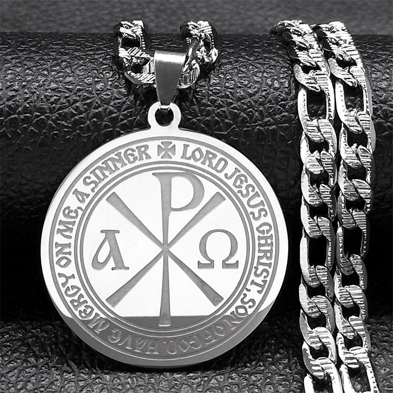 Chi Rho ΧΡ Constantine Cross Necklace Men Stainless Steel Alpha And Omega Christian Greek Alphabet Necklaces Jewelry  9717