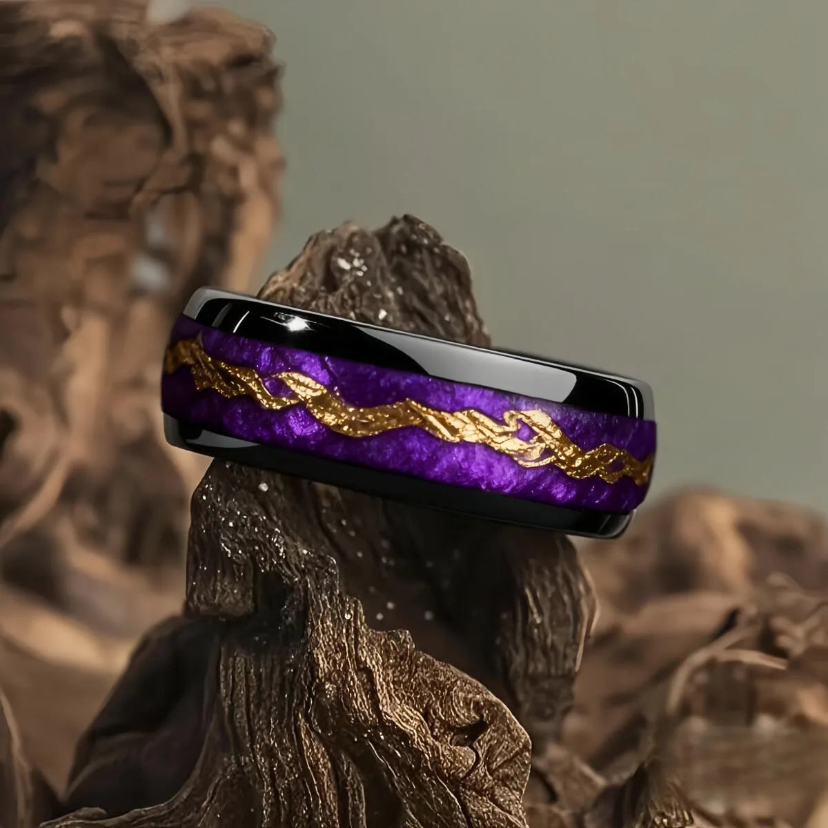 Fashion Black Men Stainless Steel Ring with Volcanic Lava and Golden Foil Pattern Inlay Rings for Men Wedding Jewelry Drop Ship