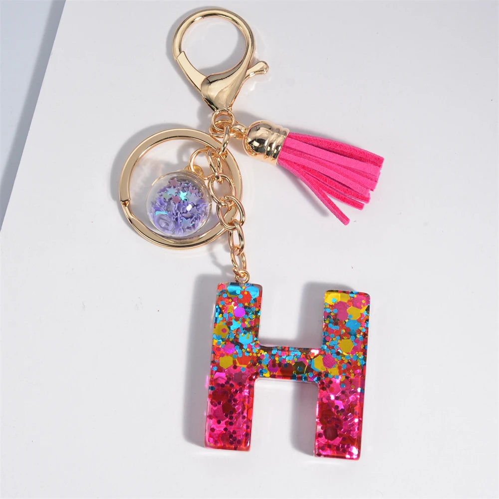 Colorful Letter Keychain Pendant Glitter Sequin Resin Key Chain Tassel Charms With Ball Keyring Jewelry For Women Bag Ornaments H