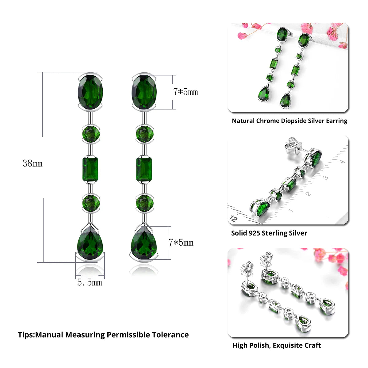 Natural Chrome Diopside Sterling Silver Drop Earrings 3.5 Carats Genuine Gemstone Exquisite Top Quality Women Birthday Gifts