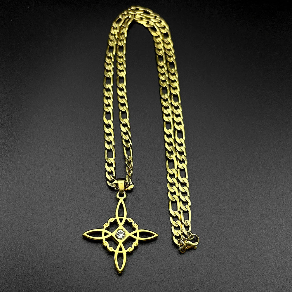 Stainless Steel Witch Knot Pendant Necklace for Women Men Gold Silver Color Rhinestone Wicca Pagan Chain Amulet Lucky Jewelry