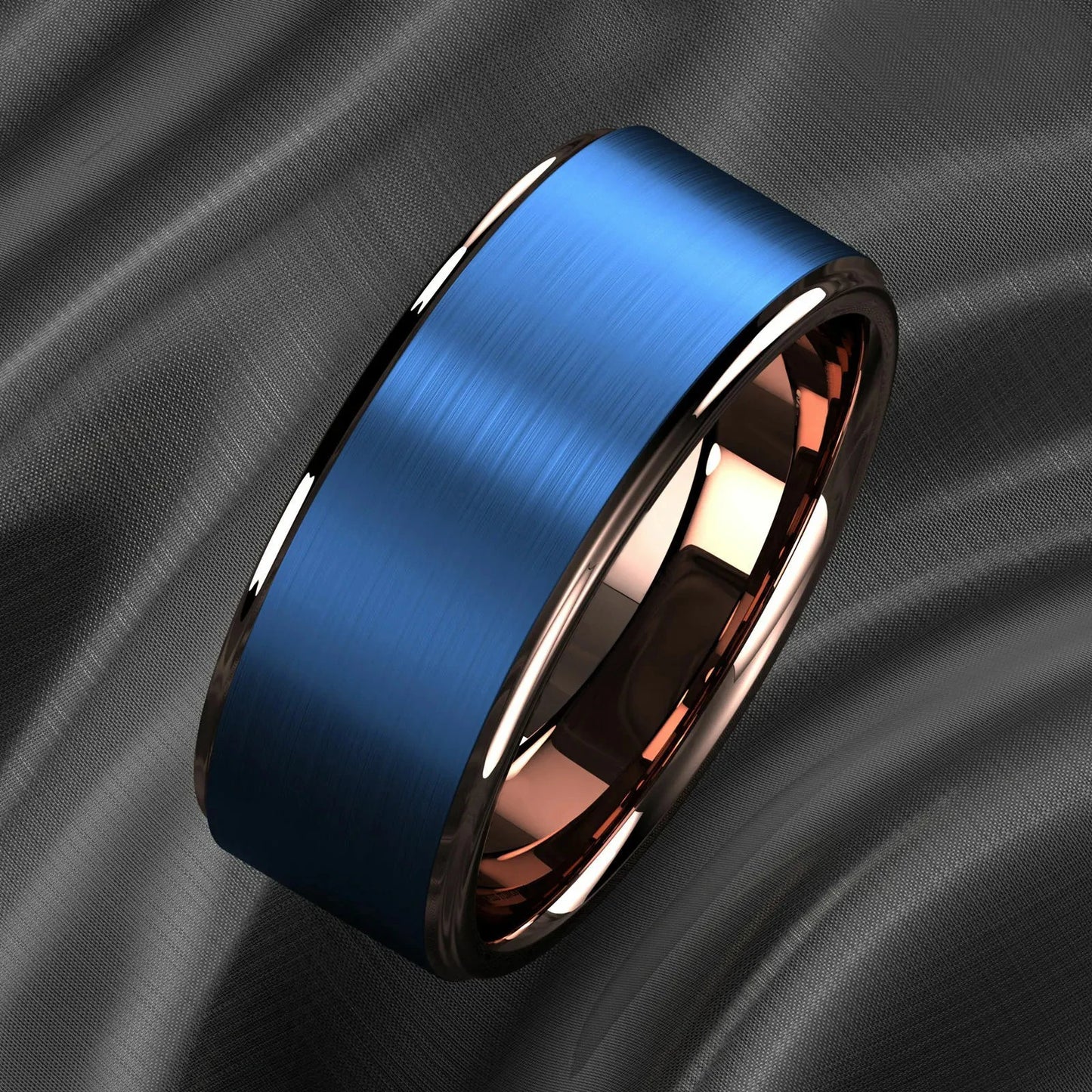 Fashion 8mm Blue Brushed Titanium Stainless Steel Rings for Men Rose Gold Color Step Edge Men Rings Wedding Engagement Jewelry