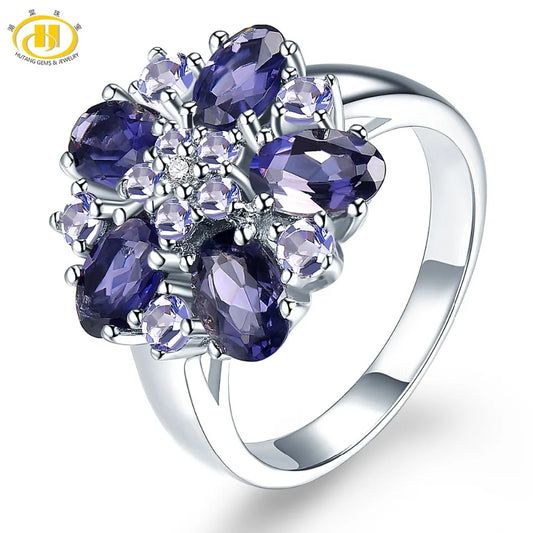 HUTANG Iolite Tanzanite Wedding Rings Natural Gemstone Accents 925 Sterling Silver Ring Fine Elegant Jewelry for Women's Gift