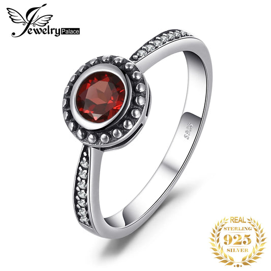 JewelryPalace Vintage 5mm Natural Garnet 925 Sterling Silver Ring for Woman Fashion Gemstone Jewelry Statement Anniversary Gift