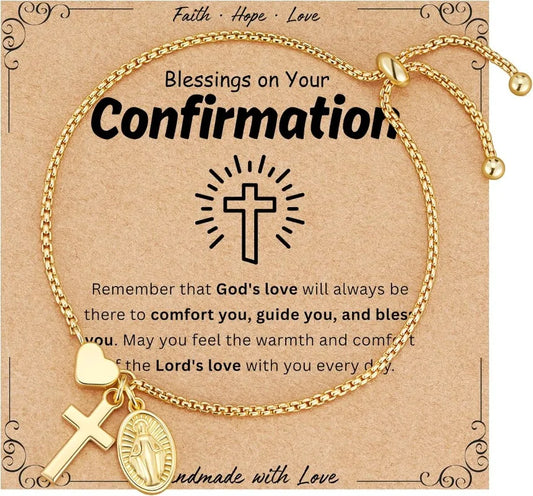 18k Gold Catholic Virgin Mary Cross Heart Bracelet Gift for Women Confirmation First Communion Religious Christian Faith Jewelry