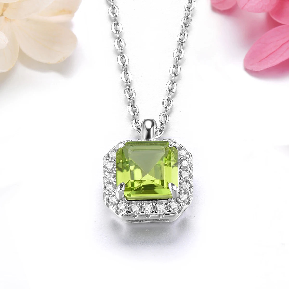 Natural Peridot Sterling Silver Pendants 1.5 Carats Genuine Gemstone Square Faced Cut Women Daily Style S925 Birthday Gifts