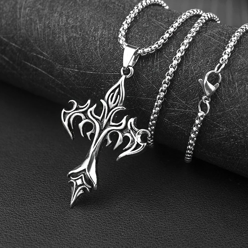 Vintage Men's Gothic Flame Cross Pendant Necklace Alloy Motorcycle Club Gothic  DragonEnwined Skull Cross Halloween Jewelry Gift