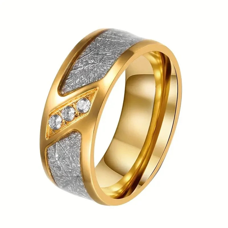 Gold Color Tungsten Carbon Fibre Wedding Rings Trendy 8mm For Men Meteorite Cubic Zirconia Inlaid Stainless Steel Engagement