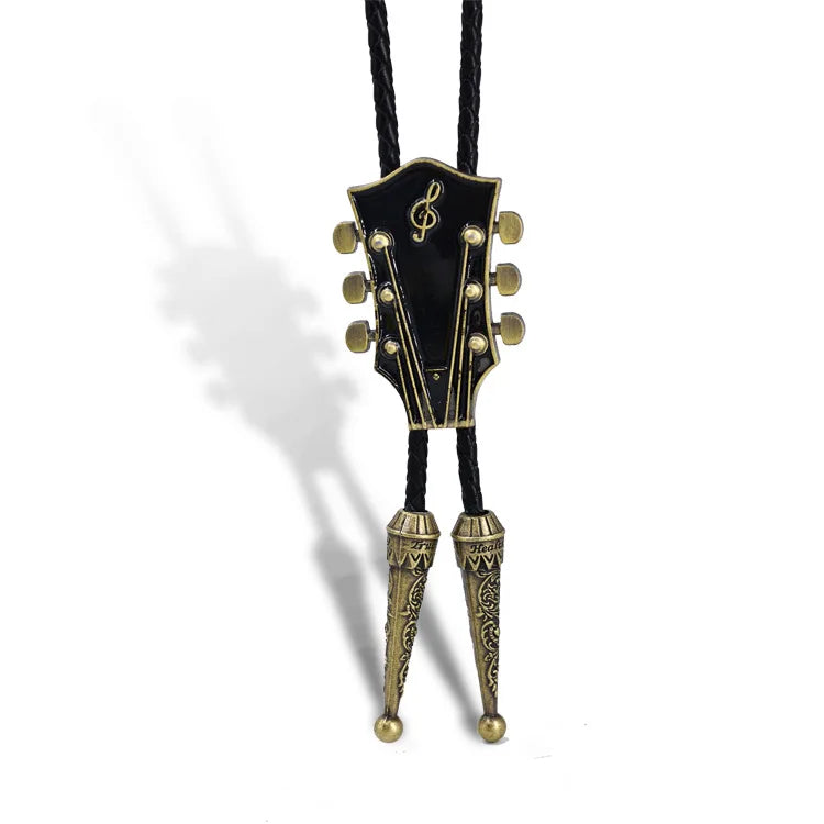 Popular guitar instrument genuine leather polo tie pendant necklace,adjustable,oil dripping technique,gift for music enthusiasts