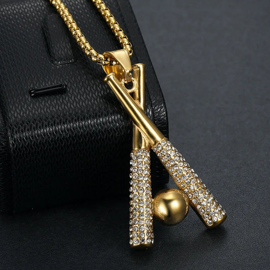 Fashion Hip Hop Stainless Steel Jewelry Charms Gold Baseball Bat Crystal Pendants Wholesale Necklace