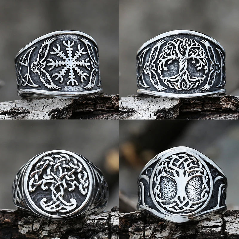 Nordic Viking Stainless Steel Ring Compass Tree of Life Viking Rune Wolf Men and Women Ring Jewelry Factory Wholesale