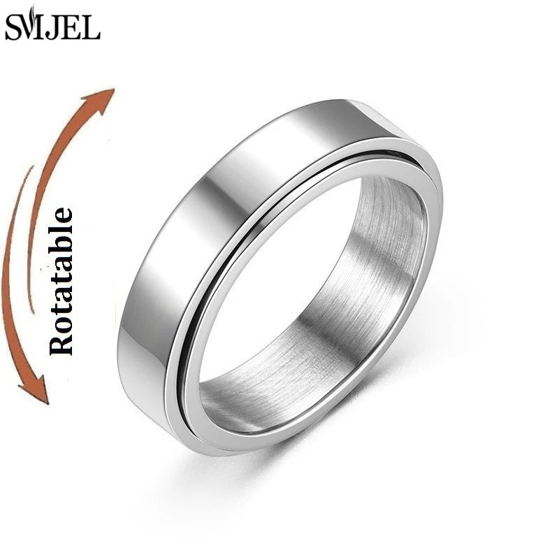 Rose Gold Stainless Steel Anxiety Ring Women Men Fidgets Spinner Rings Engagement Bands Silver Color Fashion Jewelry 8/6mm