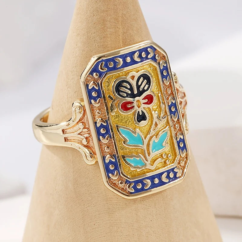 Bohemian Elegant Luxurious Retro Gold Color Artificial Enamel Flower Ring for Gift Giving Vacation Wear Christmas Accessory