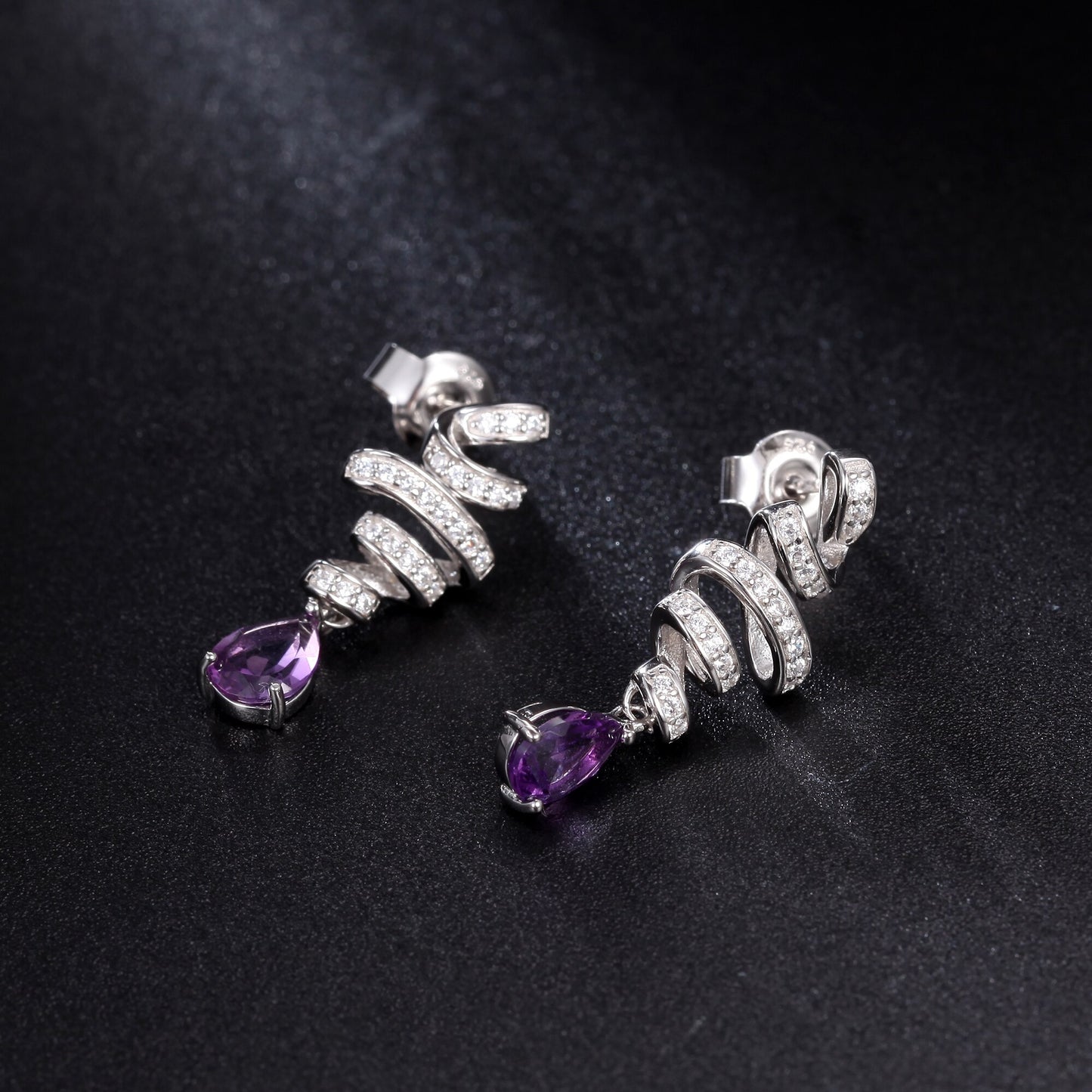 GEM&#39;S BALLET Ribbon Swirl Earrings 5x7mm Pear Shape Natural Amethyst Gemstone Drop Earrings in 925 Stering SIlver Gift For Her