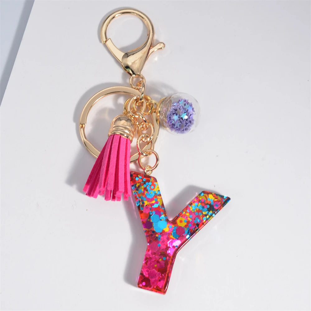 Colorful Letter Keychain Pendant Glitter Sequin Resin Key Chain Tassel Charms With Ball Keyring Jewelry For Women Bag Ornaments Y