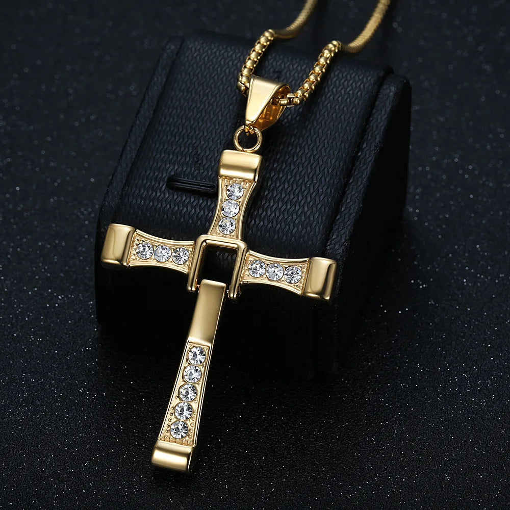 Hip Hop Stainless Steel Gold Crystal Cross Cubic Zirconia Pendant Necklace Gift Square Pearl Chain