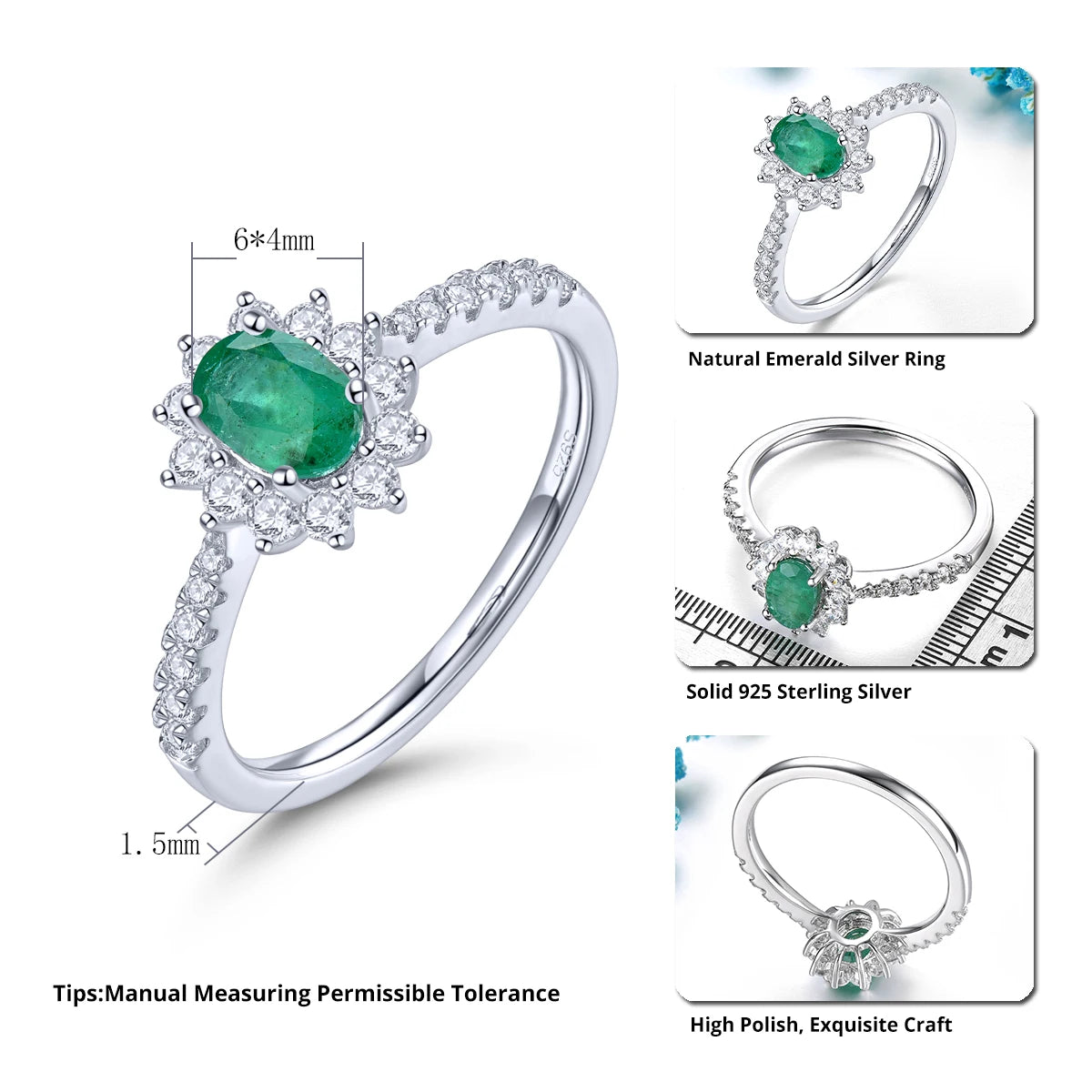 Natural Emerald Precious Gemstone Sterling Silver Rings 0.4 Carats Genuine Gemstone Women Classic Exquisite Style Fine Jewelrys