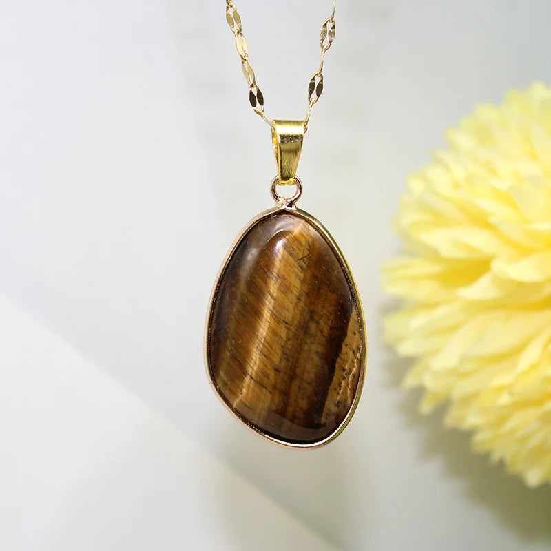 1 Piece Natural Stone Irregular Pendant Necklace Pink Crystal Amethyst Tiger Eye Necklace Pendant for Women Couple Jewelry Gift NO.9
